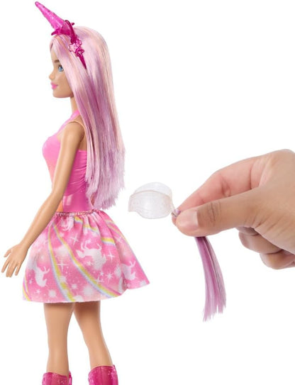 Barbie Unicorn Doll with Pink Fantasy Hair, Colorful Pink and Orange Outfit, and Unicorn-Themed Fantasy Accessories, HRR13