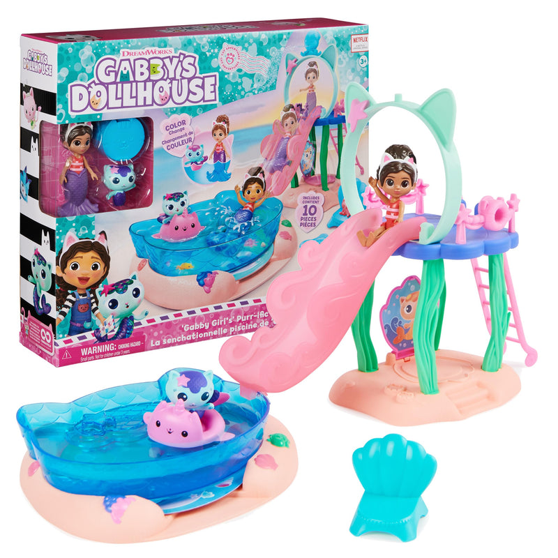 Gabby's Dollhouse, La Piscina di Gabby con Personaggio di Gabby e di Siregatta, Personaggi Cambiano Colore a Contatto con l’Acqua, Giocattoli per Bambini, 3+ Anni