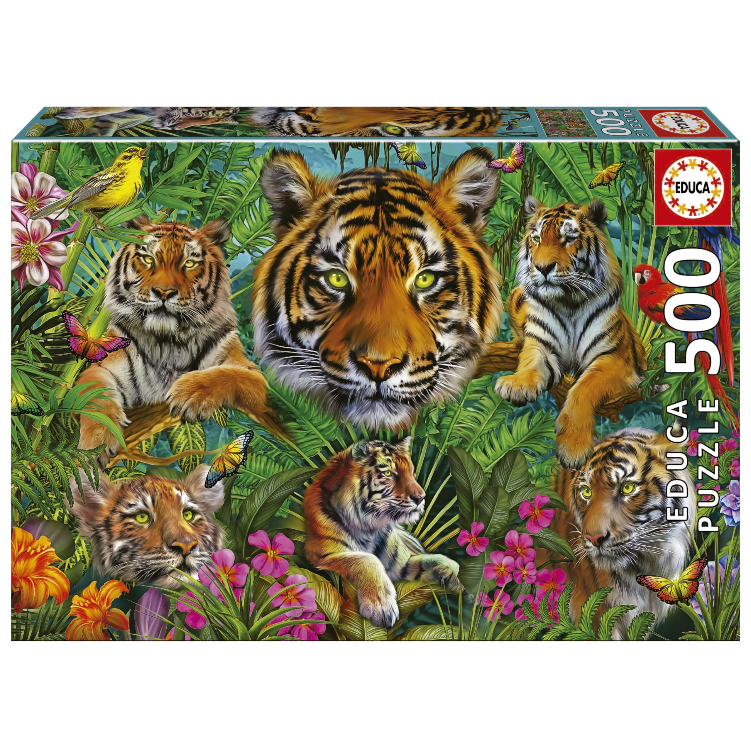 Educa - Puzzle di 500 pezzi per adulti | Jungla de Tigres. Misura: 48 x 34 cm. Include la colla Fix Puzzle. Da 11 anni (19902