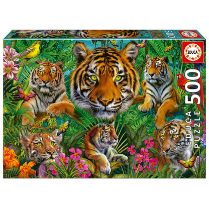 Educa - Puzzle di 500 pezzi per adulti | Jungla de Tigres. Misura: 48 x 34 cm. Include la colla Fix Puzzle. Da 11 anni (19902