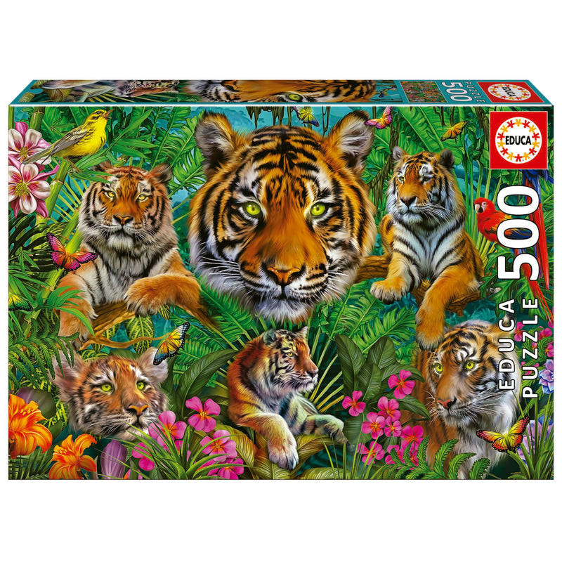 Educa - Puzzle di 500 pezzi per adulti | Jungla de Tigres. Misura: 48 x 34 cm. Include la colla Fix Puzzle. Da 11 anni (19902