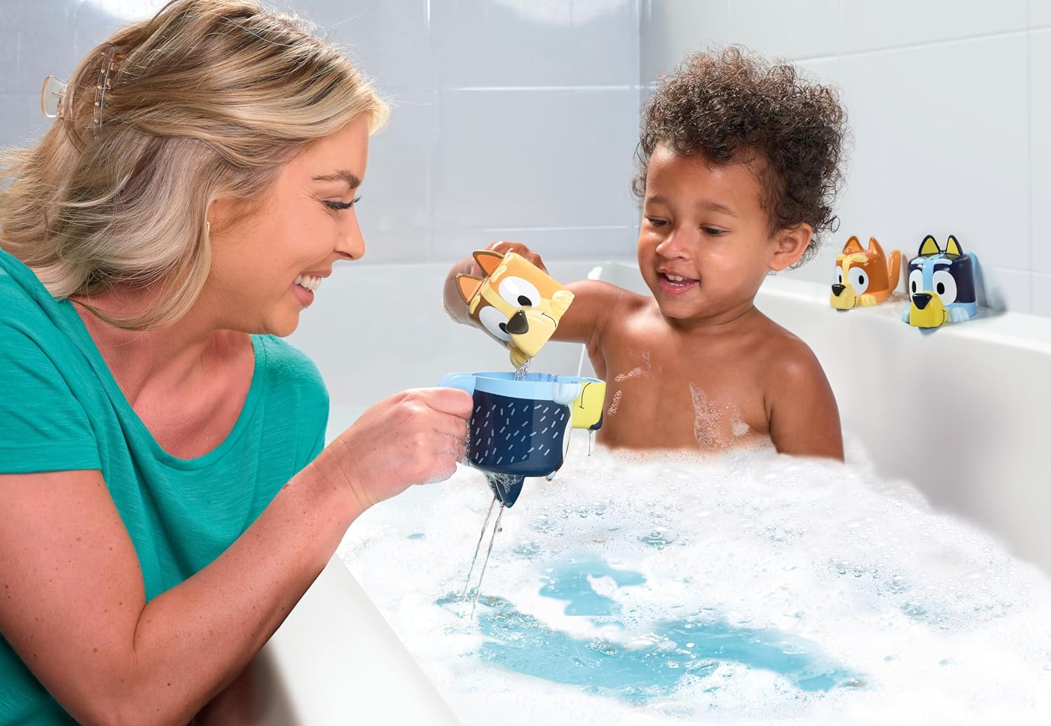 Toomies Bluey's Family Pourers with Designs Featuring Chilli, Bandit, Bingo, and Bluey - Nesting, Stacking Cups for Bath Time - Officially Licensed Bluey Toys - Baby Bath Toys for +18 Months
