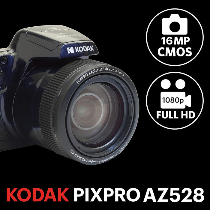 Kodak Pixpro AZ528 - Cámara Digital Bridge de 16 MP, Zoom óptico de 52x, Estabilizador óptico, Pantalla LCD de 3 Pulgadas, Vídeo Full HD 1080p, Batería Li-Ion - Azul Medianoche