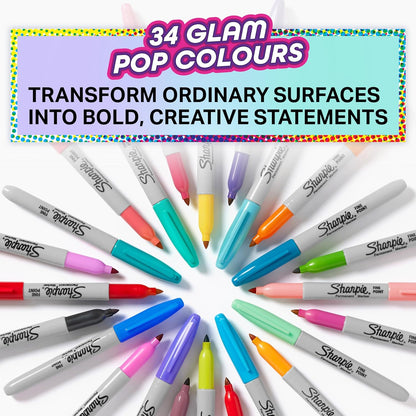 Sharpie Glam Pop Permanent Markers | Fine Point for Bold Details | Assorted Vibrant Colours | 34 Marker Pens