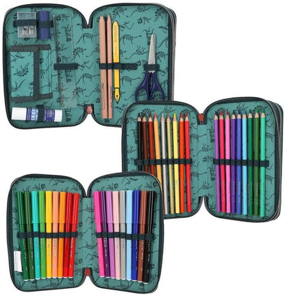 Depesche 11757 Dino World Danger-Filled 3-Compartment Pencil Case with Trex Motif, Dark Green Pencil Case with Colouring Pencils, Ruler, Scissors and Much More, Blue