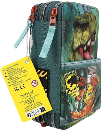 Depesche 11757 Dino World Danger-Filled 3-Compartment Pencil Case with Trex Motif, Dark Green Pencil Case with Colouring Pencils, Ruler, Scissors and Much More, Blue