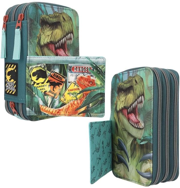 Depesche 11757 Dino World Danger-Filled 3-Compartment Pencil Case with Trex Motif, Dark Green Pencil Case with Colouring Pencils, Ruler, Scissors and Much More, Blue