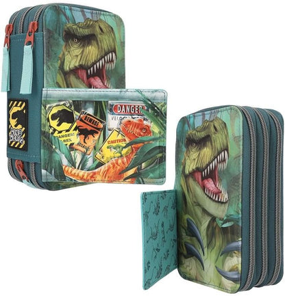 Depesche 11757 Dino World Danger-Filled 3-Compartment Pencil Case with Trex Motif, Dark Green Pencil Case with Colouring Pencils, Ruler, Scissors and Much More, Blue