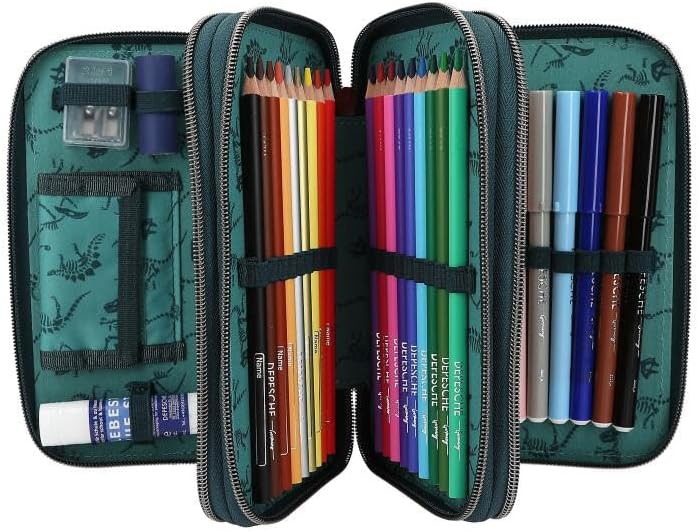 Depesche 11757 Dino World Danger-Filled 3-Compartment Pencil Case with Trex Motif, Dark Green Pencil Case with Colouring Pencils, Ruler, Scissors and Much More, Blue