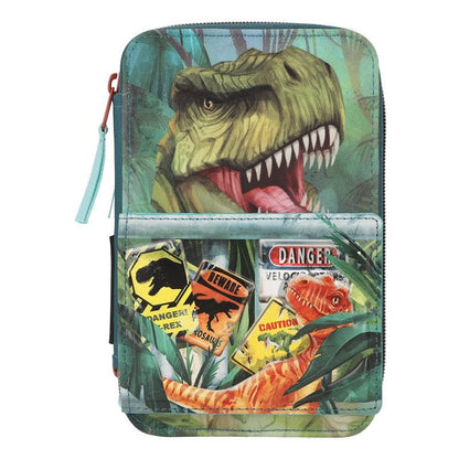 Depesche 11757 Dino World Danger-Filled 3-Compartment Pencil Case with Trex Motif, Dark Green Pencil Case with Colouring Pencils, Ruler, Scissors and Much More, Blue