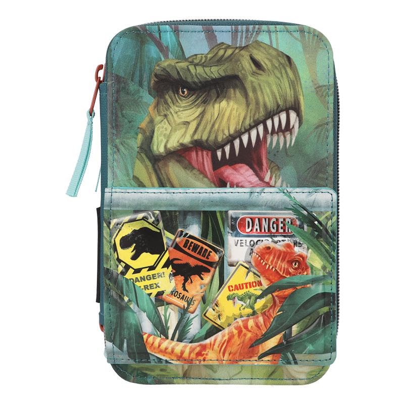 Depesche 11757 Dino World Danger-Filled 3-Compartment Pencil Case with Trex Motif, Dark Green Pencil Case with Colouring Pencils, Ruler, Scissors and Much More, Blue