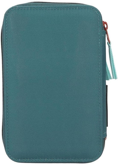 Depesche 11757 Dino World Danger-Filled 3-Compartment Pencil Case with Trex Motif, Dark Green Pencil Case with Colouring Pencils, Ruler, Scissors and Much More, Blue