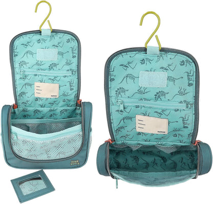 Depesche 12918 World Danger Lavaggio in Verde, con Motivo Trex e Dino, Borsa da toilette con Cerniera e appendino, Multicolore