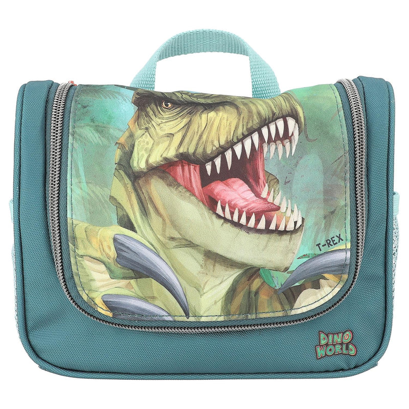 Depesche 12918 World Danger Lavaggio in Verde, con Motivo Trex e Dino, Borsa da toilette con Cerniera e appendino, Multicolore