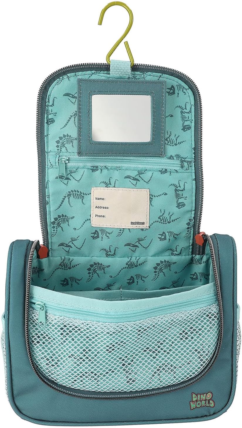 Depesche 12918 World Danger Lavaggio in Verde, con Motivo Trex e Dino, Borsa da toilette con Cerniera e appendino, Multicolore