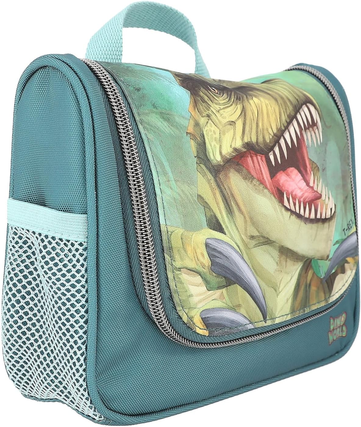 Depesche 12918 World Danger Lavaggio in Verde, con Motivo Trex e Dino, Borsa da toilette con Cerniera e appendino, Multicolore