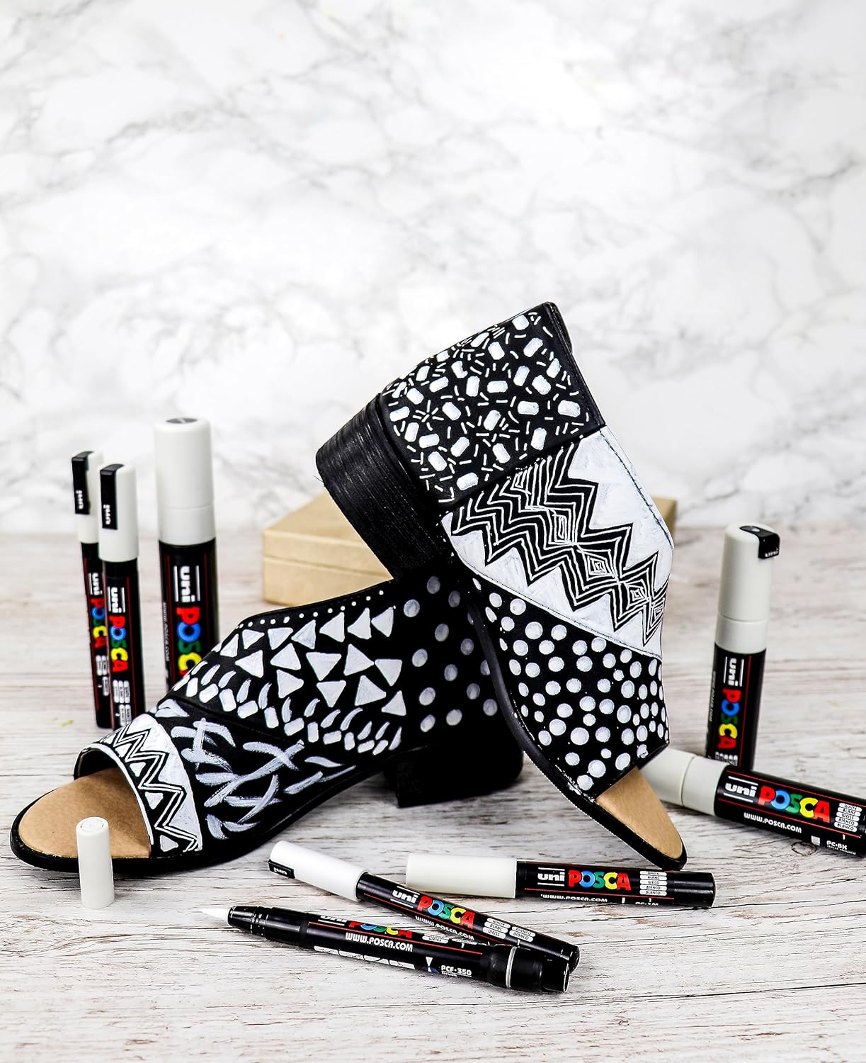 POSCA Permanent Marker White Paint Pens. All Nib Sizes for Art & Crafts. Multi Surface Use On Wood Metal Paper Canvas Cardboard Glass Fabric Ceramic Rock Stone Pebble Porcelain. Set of 8