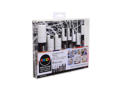 POSCA Permanent Marker White Paint Pens. All Nib Sizes for Art & Crafts. Multi Surface Use On Wood Metal Paper Canvas Cardboard Glass Fabric Ceramic Rock Stone Pebble Porcelain. Set of 8