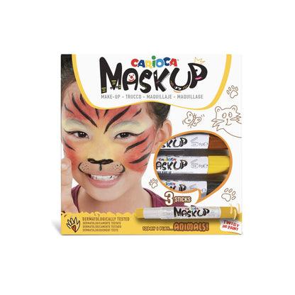 CARIOCA Mask Up Animals, Face Painting Kit for Boys and Girls, Make-up Sticks Ideal for Christmas, Halloween, Carnival and Parties - 3 Colours and 2 Tutorials - Dermatologically Tested