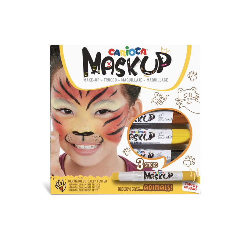 CARIOCA Mask Up Animals, Face Painting Kit for Boys and Girls, Make-up Sticks Ideal for Christmas, Halloween, Carnival and Parties - 3 Colours and 2 Tutorials - Dermatologically Tested