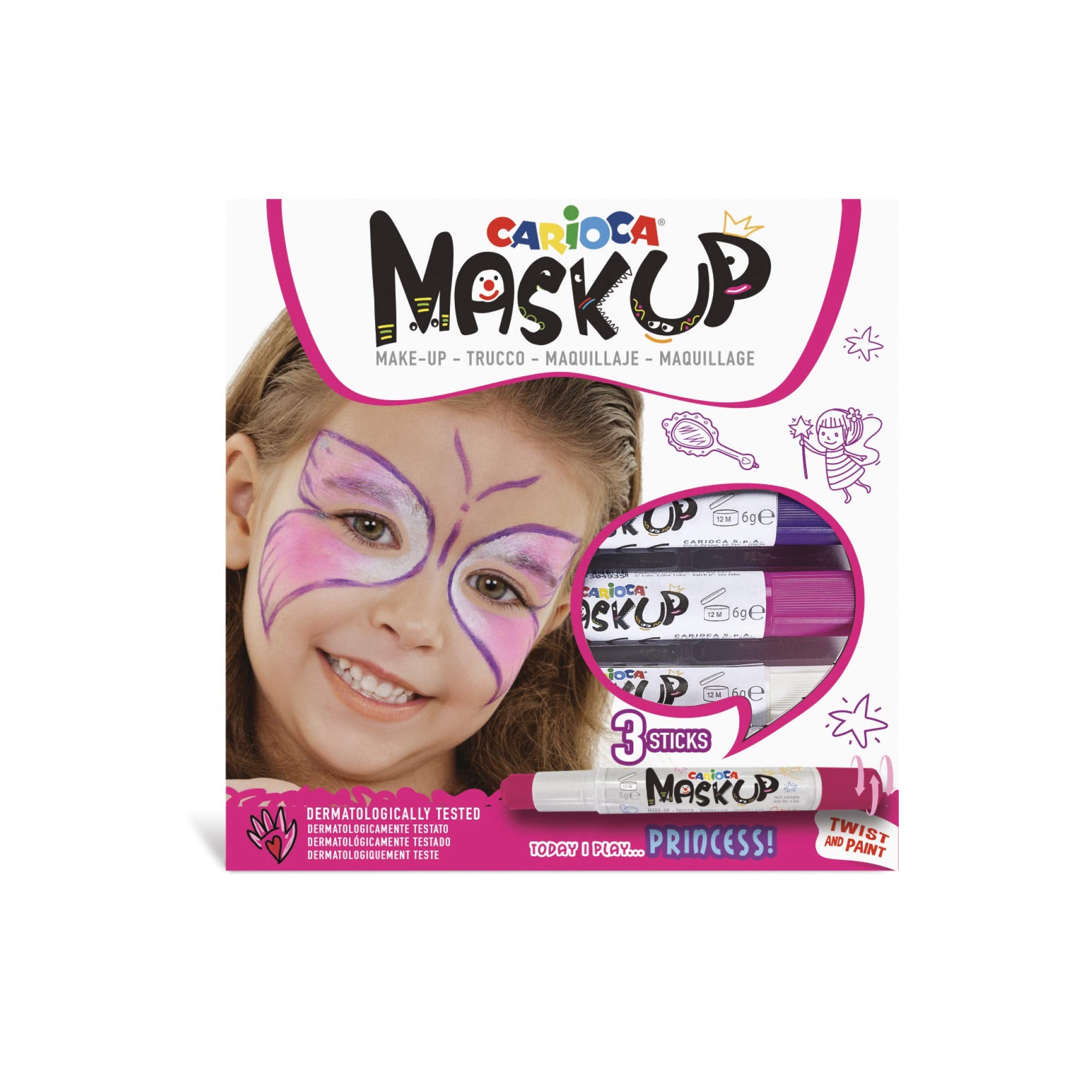 CARIOCA Mask Up Princess, Face Painting Kit for Girls, Make-up Sticks Ideal for Christmas, Halloween, Carnival and Parties - 3 Colours and 2 Tutorials - Dermatologically Tested
