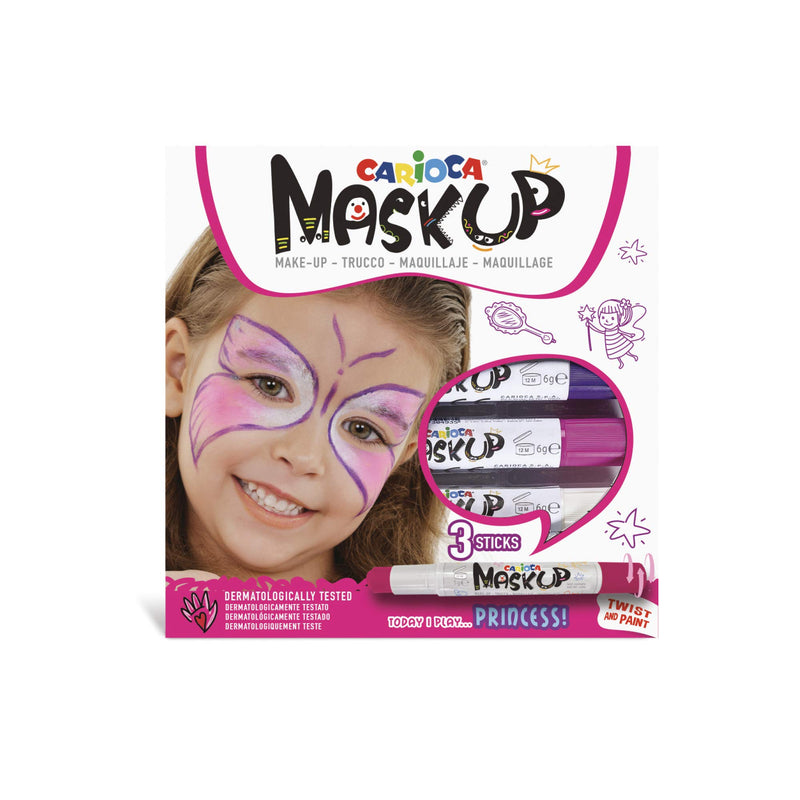 CARIOCA Mask Up Princess, Face Painting Kit for Girls, Make-up Sticks Ideal for Christmas, Halloween, Carnival and Parties - 3 Colours and 2 Tutorials - Dermatologically Tested