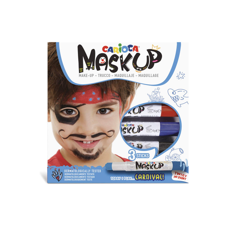 CARIOCA Mask Up Carnival, Face Painting Kit for Boys and Girls, Make-up Sticks Ideal for Christmas, Halloween, Carnival and Parties - 3 Colours and 2 Tutorials - Dermatologically Tested