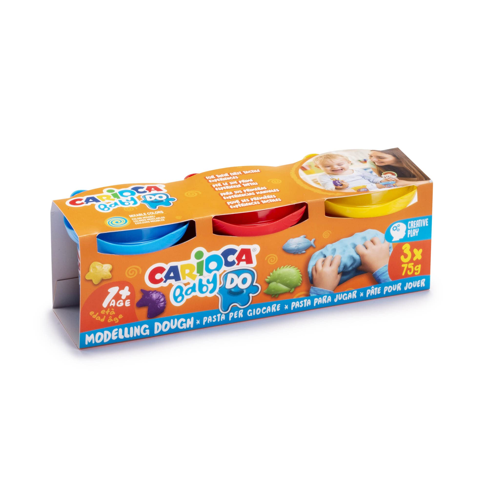 Carioca Baby DO-modelleerpasta, 3 kleuren, voor kinderen vanaf 12 maanden, heldere en mengbare kleuren, voor kinderen vanaf 1 jaar, niet vuil, luchtdrogend, bevat tarwe