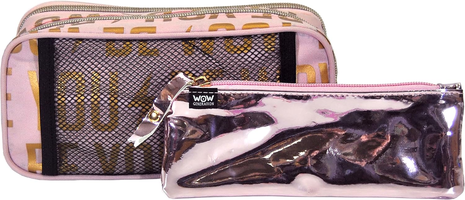 WOW GENERATION School Pencil Case for Kids Girls with Multiple Compartments Zipper and Patches