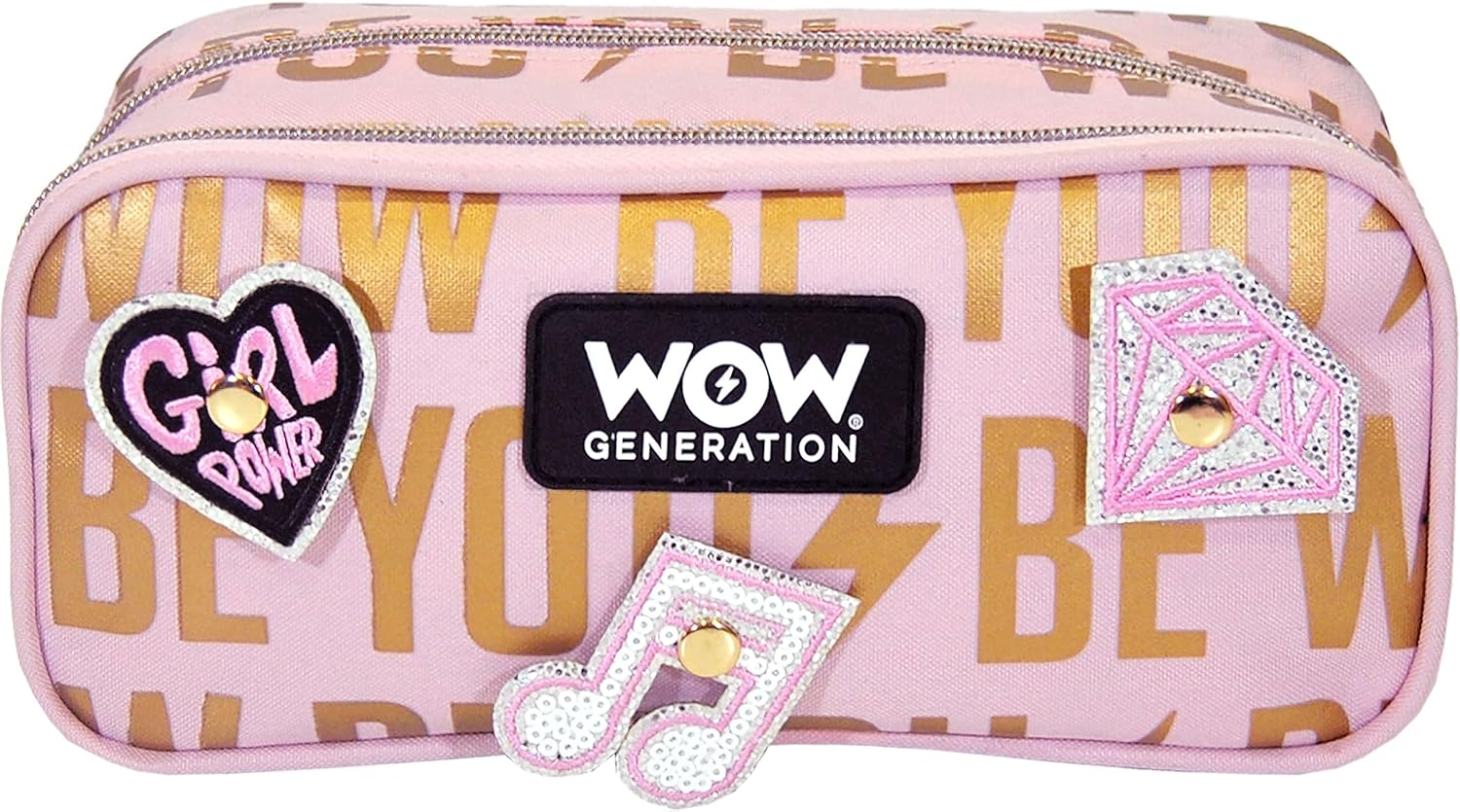 WOW GENERATION School Pencil Case for Kids Girls with Multiple Compartments Zipper and Patches