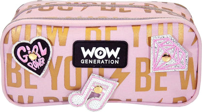 WOW GENERATION School Pencil Case for Kids Girls with Multiple Compartments Zipper and Patches