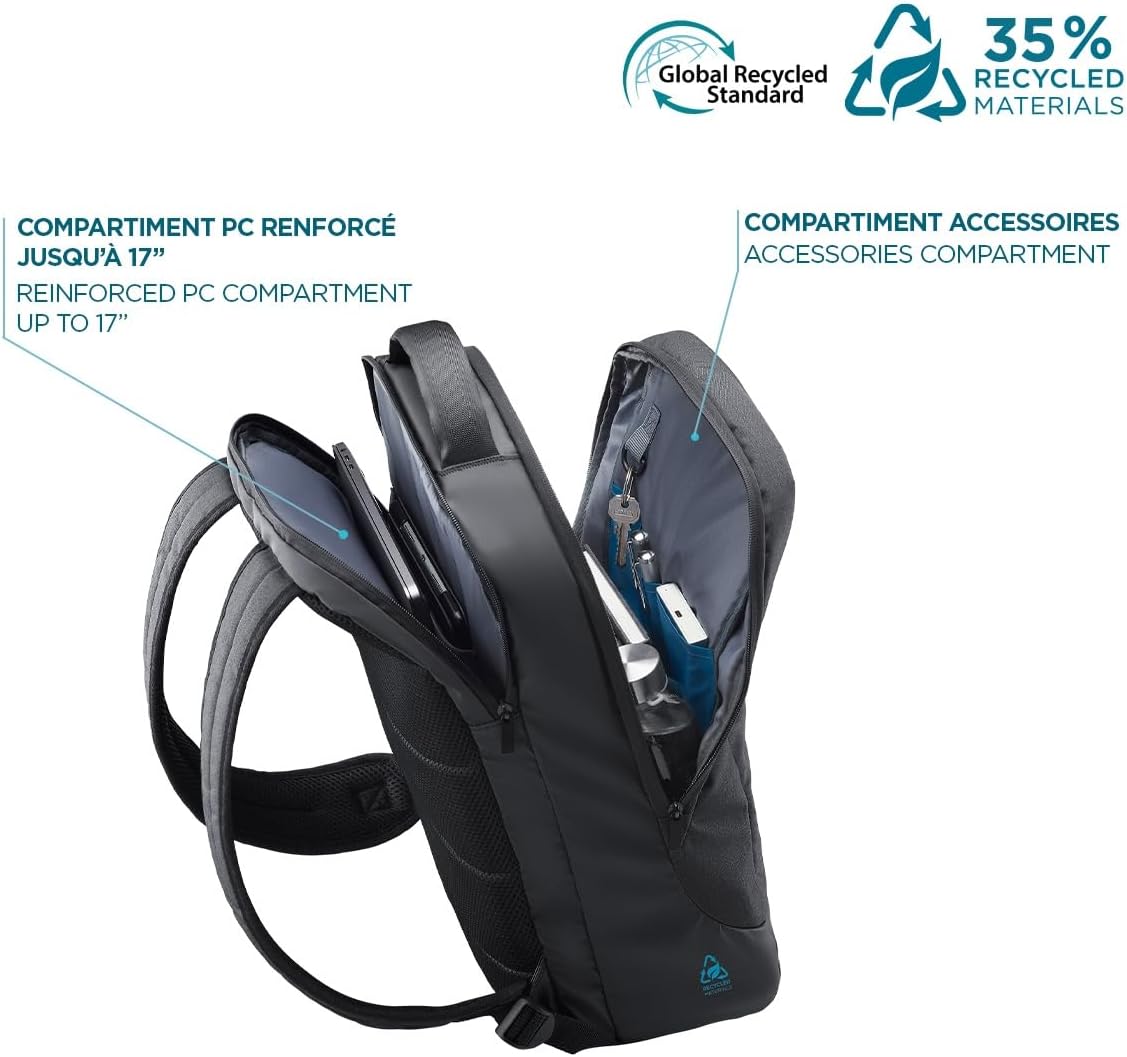 Mobilis Laptop Backpack 14-17" PC 15.6", Made of GRS-Certified Recycled Material, Waterproof Material, Reinforced Bottom, Ergonomic Straps, Large Loading Capacity, Black, Black