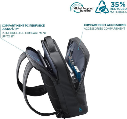 Mobilis Laptop Backpack 14-17" PC 15.6", Made of GRS-Certified Recycled Material, Waterproof Material, Reinforced Bottom, Ergonomic Straps, Large Loading Capacity, Black, Black