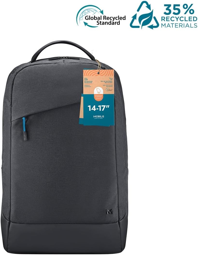 Mobilis Laptop Backpack 14-17" PC 15.6", Made of GRS-Certified Recycled Material, Waterproof Material, Reinforced Bottom, Ergonomic Straps, Large Loading Capacity, Black, Black