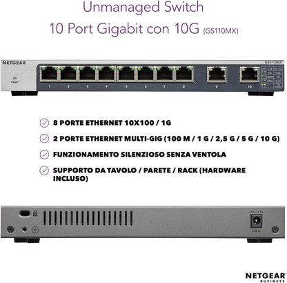 Netgear GS110MX Wireless-N 8 Port Gigabit Unmanaged Switch w.2x10g/Multi Gig Black/Grey 10 Port | 2x 10 GB Uplink