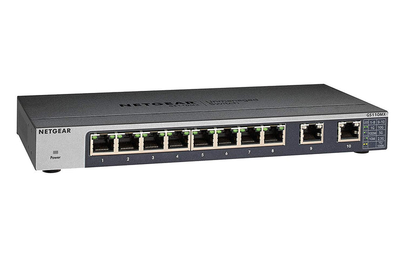 Netgear GS110MX Wireless-N 8 Port Gigabit Unmanaged Switch w.2x10g/Multi Gig Black/Grey 10 Port | 2x 10 GB Uplink