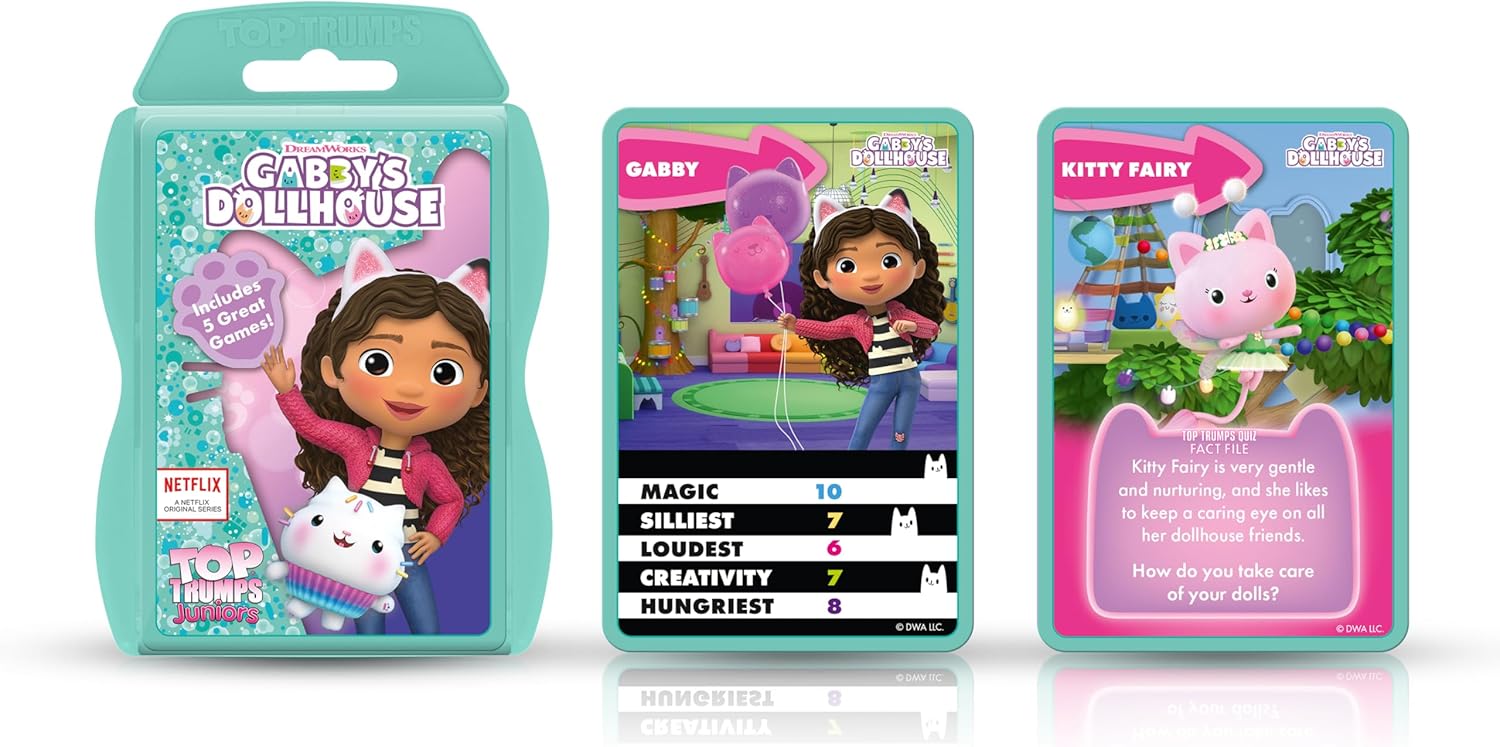 Top Trumps Junior Gabby’s Dollhouse Card Game, Play with Luli-Loo, Carlita, Kitty Fairy and Pandy Paws, Includes 5 extra games from Spot the Difference and Pairs, educational gift for ages 4 plus