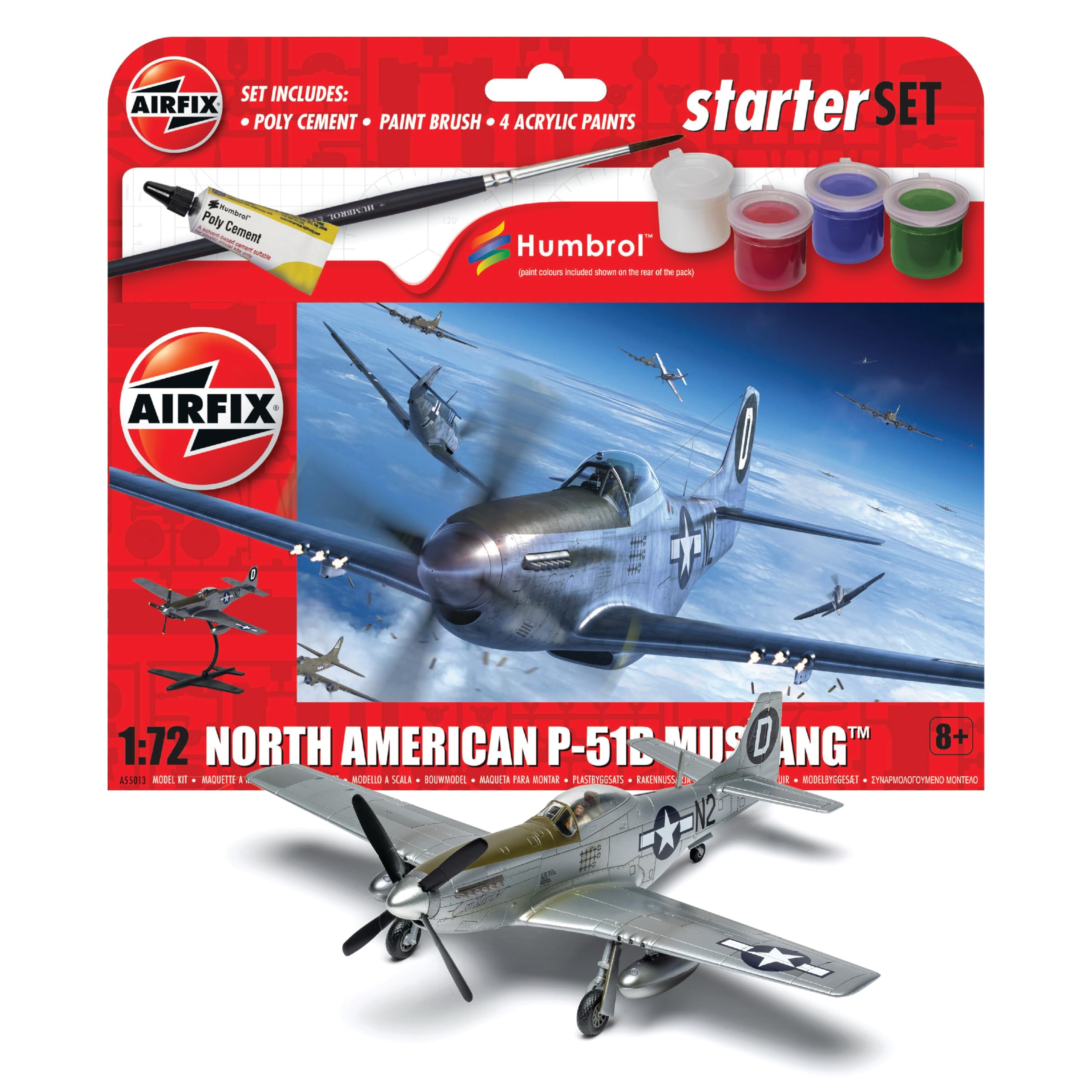 Airfix Juego de iniciación – A55013 North American P-51D Mustang Model Building Kit – Kit de modelo de avión de plástico para adultos y niños de 8 años en adelante, el juego incluye Sprues