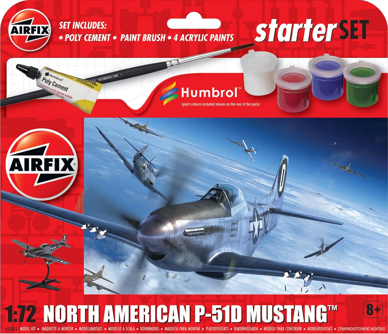 Airfix Juego de iniciación – A55013 North American P-51D Mustang Model Building Kit – Kit de modelo de avión de plástico para adultos y niños de 8 años en adelante, el juego incluye Sprues