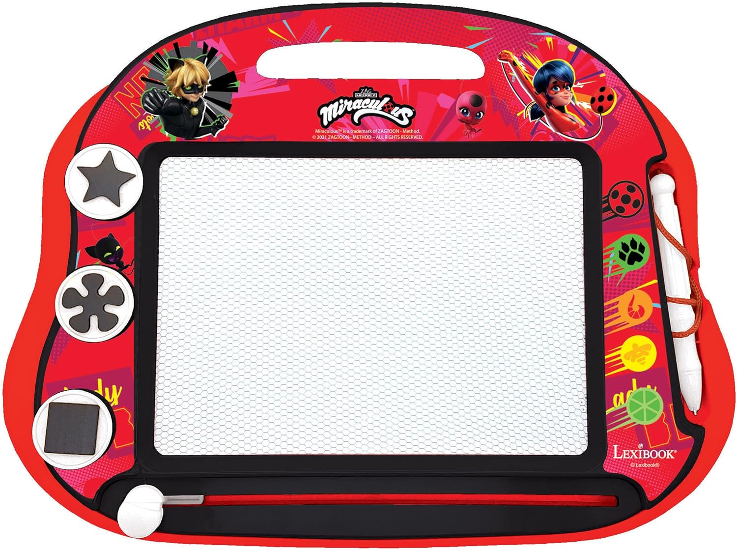 LEXIBOOK, Miraculous Ladybug Cat Noir, Tablero de Dibujo magnético mágico Multicolor, Juguete Creativo artístico para niñas y niños, Lápiz óptico y Sellos, Rojo/Negro, CRMI550