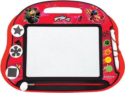 LEXIBOOK, Miraculous Ladybug Cat Noir, Tablero de Dibujo magnético mágico Multicolor, Juguete Creativo artístico para niñas y niños, Lápiz óptico y Sellos, Rojo/Negro, CRMI550