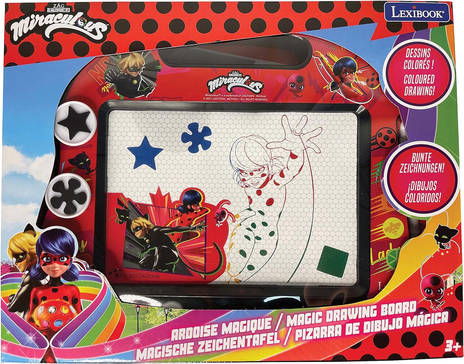LEXIBOOK, Miraculous Ladybug Cat Noir, Tablero de Dibujo magnético mágico Multicolor, Juguete Creativo artístico para niñas y niños, Lápiz óptico y Sellos, Rojo/Negro, CRMI550