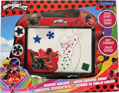 LEXIBOOK, Miraculous Ladybug Cat Noir, Tablero de Dibujo magnético mágico Multicolor, Juguete Creativo artístico para niñas y niños, Lápiz óptico y Sellos, Rojo/Negro, CRMI550
