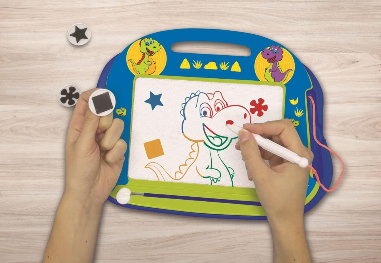 Lexibook CRDINO550 Multicolor Magic Magnetic Dinosaur Drawing Board, Artistic Creative Toy for Girls and Boys, Stylus Pen and Stamps, Blue