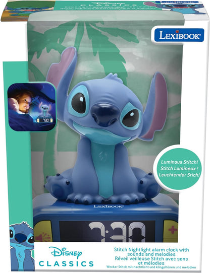 Lexibook, Disney, Stitch Nightlight alarm clock, Sounds and Melodies, LCD Backlit screen, Luminous, Snooze, Blue