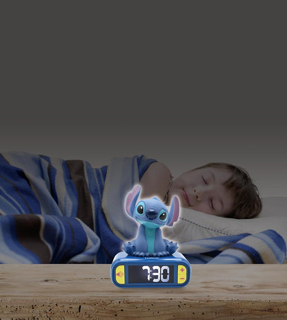 Lexibook, Disney, Stitch Nightlight alarm clock, Sounds and Melodies, LCD Backlit screen, Luminous, Snooze, Blue