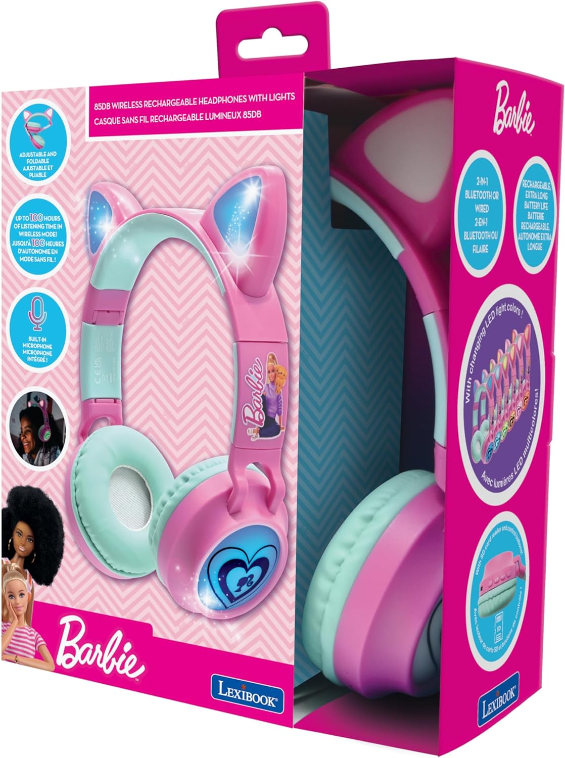 LEXIBOOK, Barbie, 2-in-1 Bluetooth and wired headset with cat ears, Rechargeable with light effects, Stereo sound, Foldable, Adjustable, LED lights, HPBTKTBB