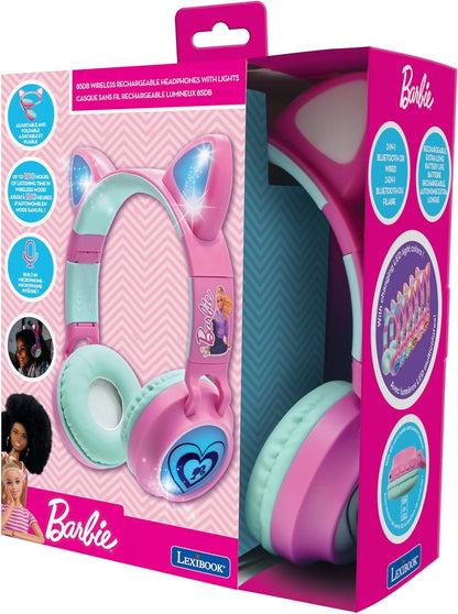 LEXIBOOK, Barbie, 2-in-1 Bluetooth and wired headset with cat ears, Rechargeable with light effects, Stereo sound, Foldable, Adjustable, LED lights, HPBTKTBB
