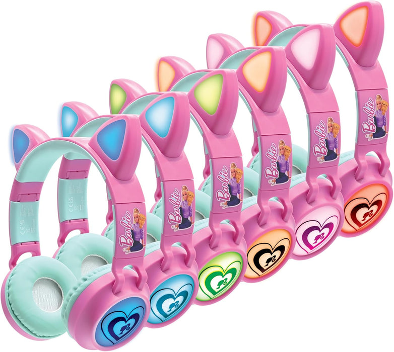 LEXIBOOK, Barbie, 2-in-1 Bluetooth and wired headset with cat ears, Rechargeable with light effects, Stereo sound, Foldable, Adjustable, LED lights, HPBTKTBB