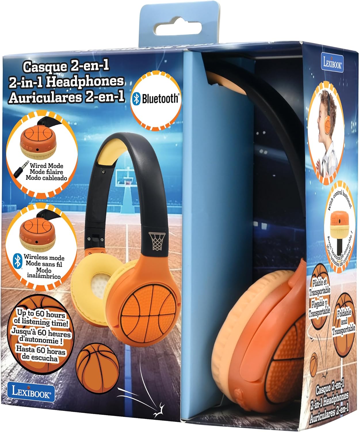 Lexibook - Basketball - 2-in-1 Bluetooth & Wired Headphones with microphone and control button, Foldable and Adjustable, Long lasting rechargeable battery, HPBT010BA